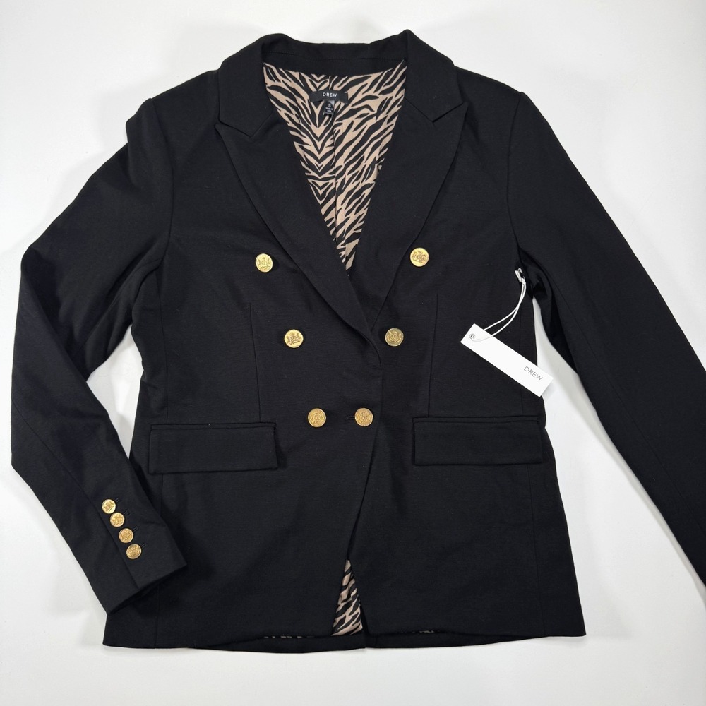 NWT DREW Double Breasted Tai Blazer Small Black Gold Buttons Animal‎ Print Lined